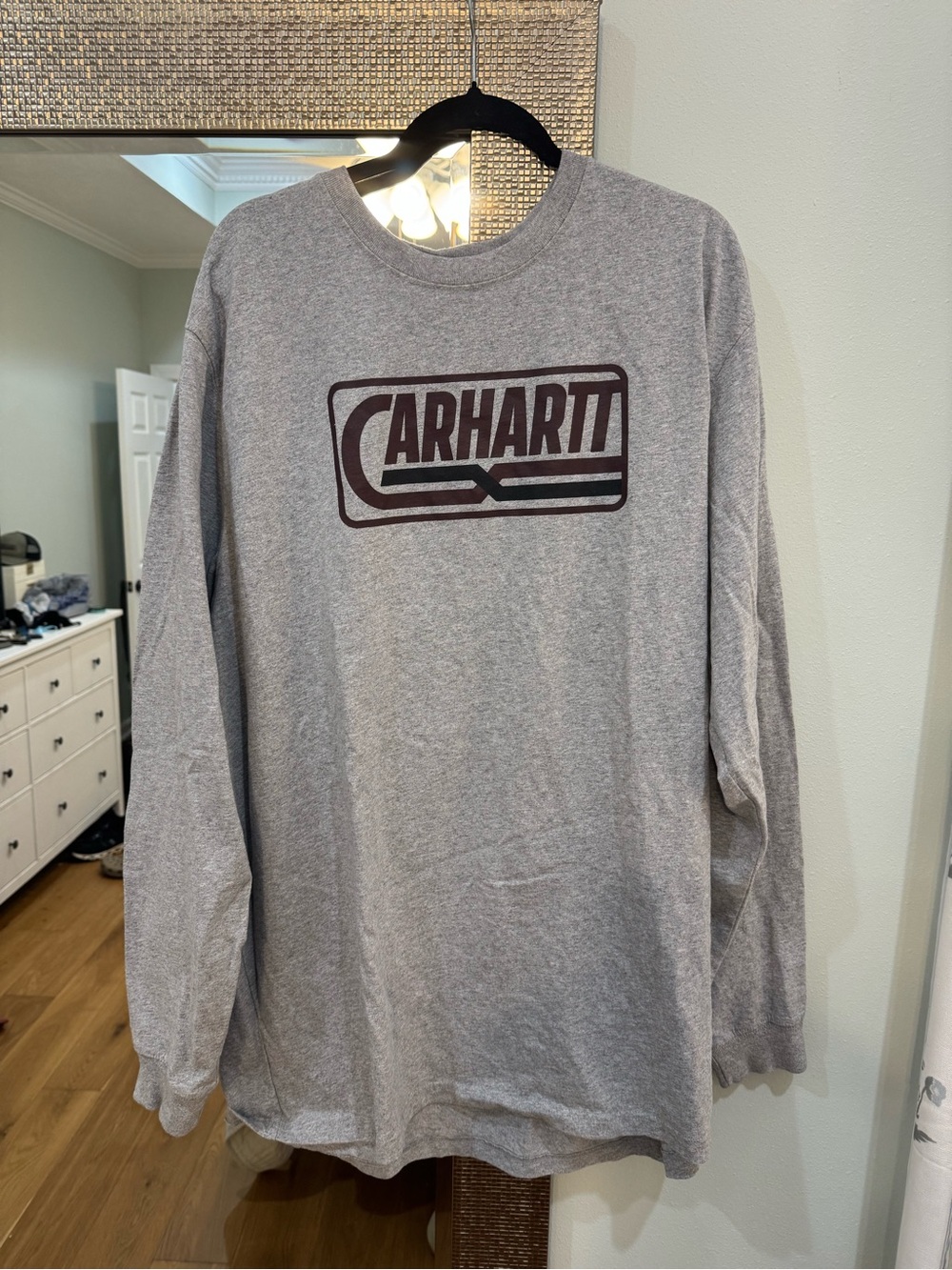 Carhartt Long Sleeve Logo Tee in Heather Gray with Maroon Graphic